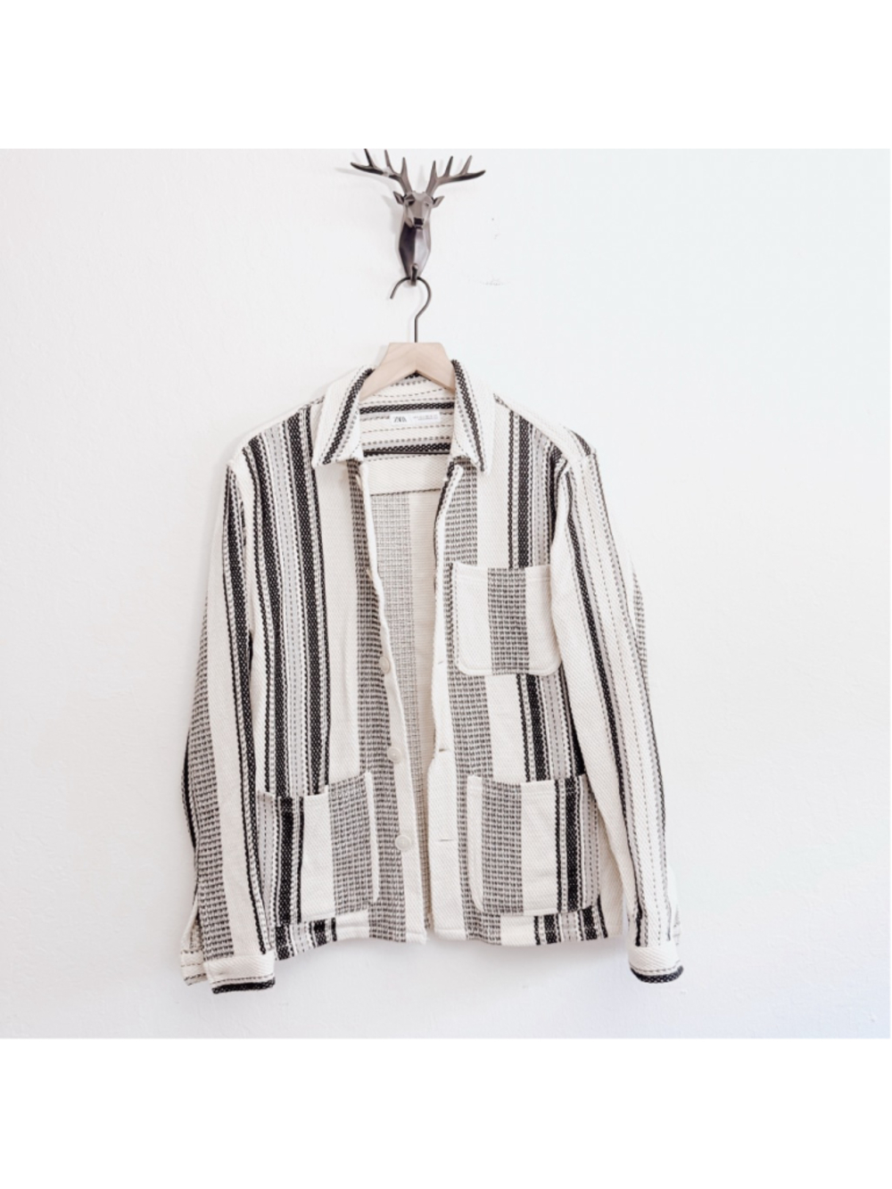 Zara White and Black Striped Casual Button-Down Shirt